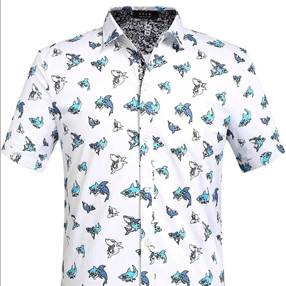 SSLR Mens Shirts Casual Short Sleeve Button Up Shark Graphic - Picture 1 of 6